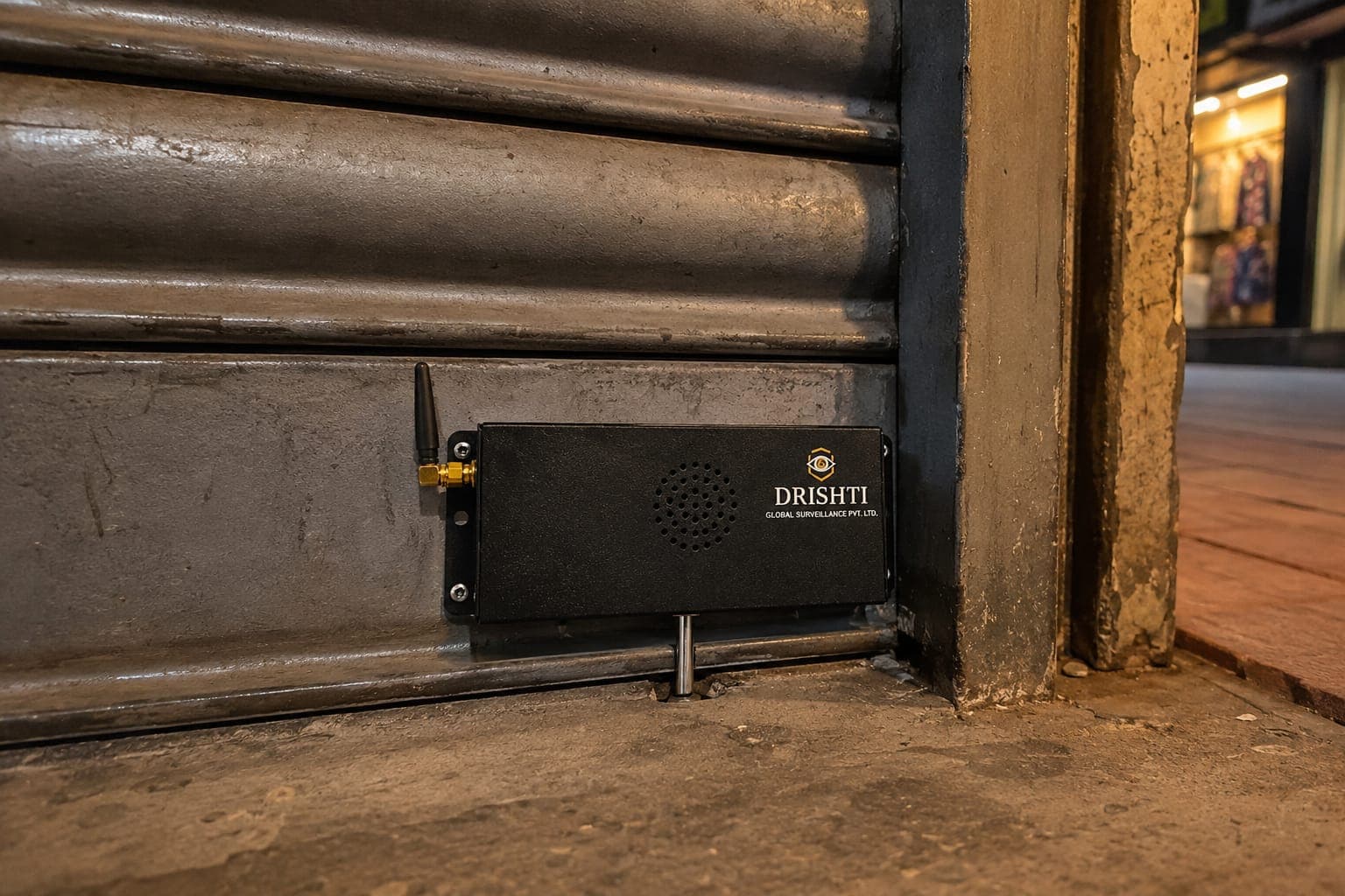 GSM Shutter Siren installed on a retail shop shutter