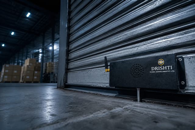 GSM Shutter Siren installed on a warehouse roller shutter