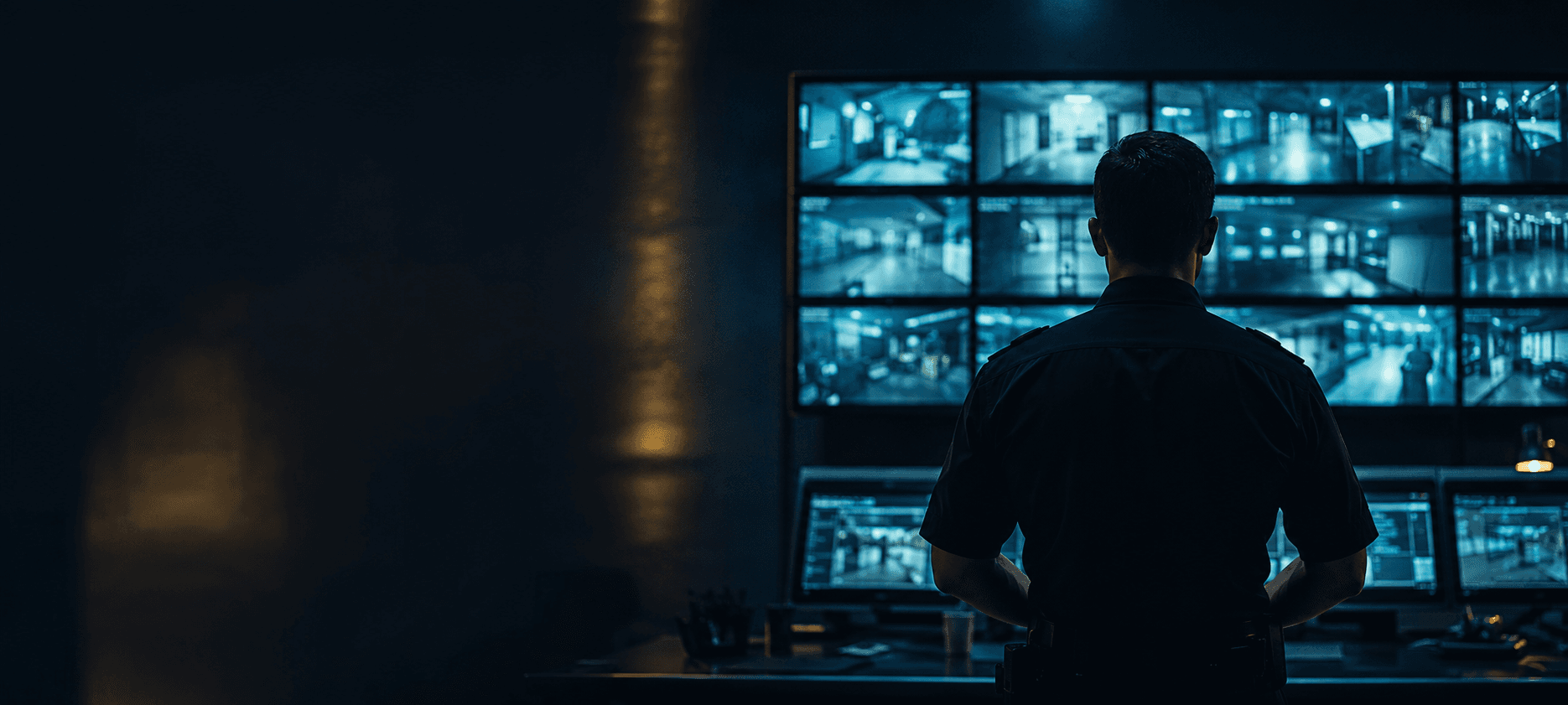 Security control room with CCTV monitors glowing in blue-teal light